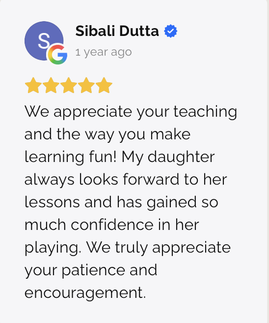 Screenshot of a positive review by Sibali Dutta, featuring a profile picture, a verified badge, five gold stars, and a message thanking a teacher for making learning fun and boosting her daughter's confidence.