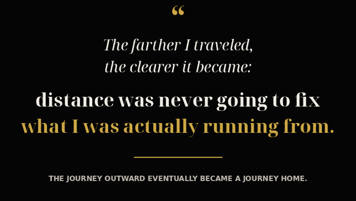 Inspirational quote on a black background with yellow and white text about travel and progress.