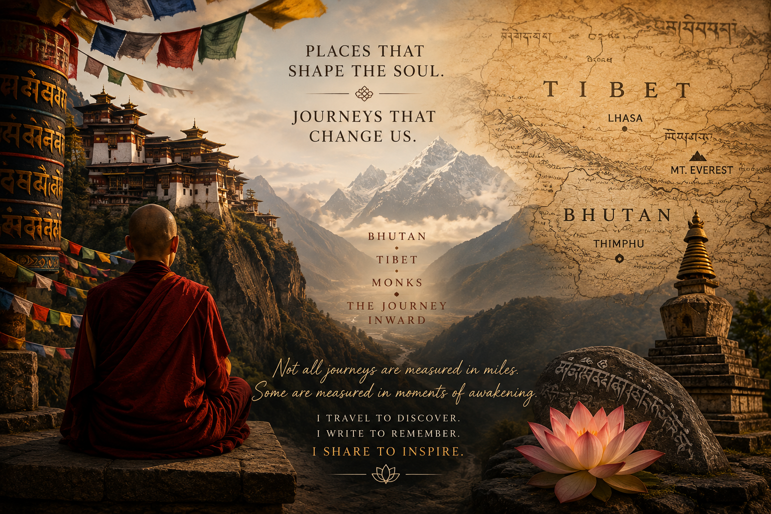 A Buddhist monk sitting cross-legged on a stone platform, overlooking a mountainous landscape with a monastery, prayer flags, and a large prayer wheel, with a map showing Tibet and Bhutan in the background. The image includes inspirational text about spiritual journeys.