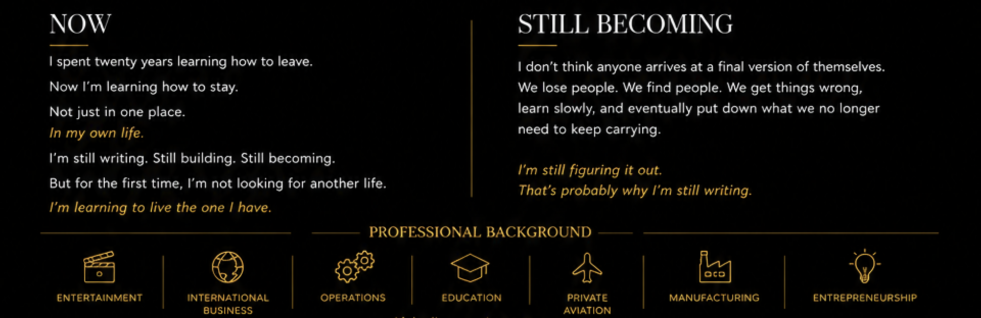 Comparison of two writing styles titled 'Now' and 'Still Becoming' on a black background with yellow text. 'Now' emphasizes learning how to stay in life, while 'Still Becoming' highlights ongoing self-discovery. The bottom section features icons representing entertainment, international business, operations, education, private aviation, manufacturing, and entrepreneurship.