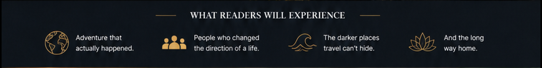 Infographic titled "What Readers Will Experience" with five sections. The first has an icon of a globe with a gold outline and the text "Adventure that actually happened." The second has an icon of a group of people with the text "People who changed the direction of a life." The third has an icon of waves with the text "The darker places travel can't hide." The fourth has a lotus flower icon with the text "And the long way home."