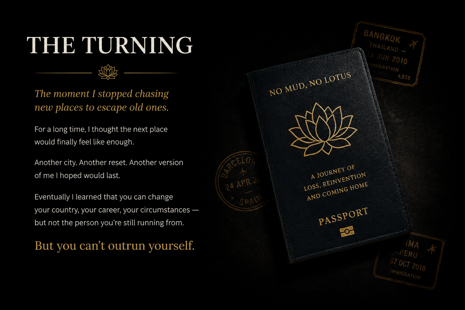 A digital graphic featuring a dark background with text and illustrations related to travel and personal growth. Prominently displays a navy blue passport with a lotus flower and the words 'No Mud, No Lotus' and 'A Journey of Loss, Reinvention, and Coming Home'. Surrounding stamps indicate travel to Bangkok, Thailand, and Peru, with dates and migration details.