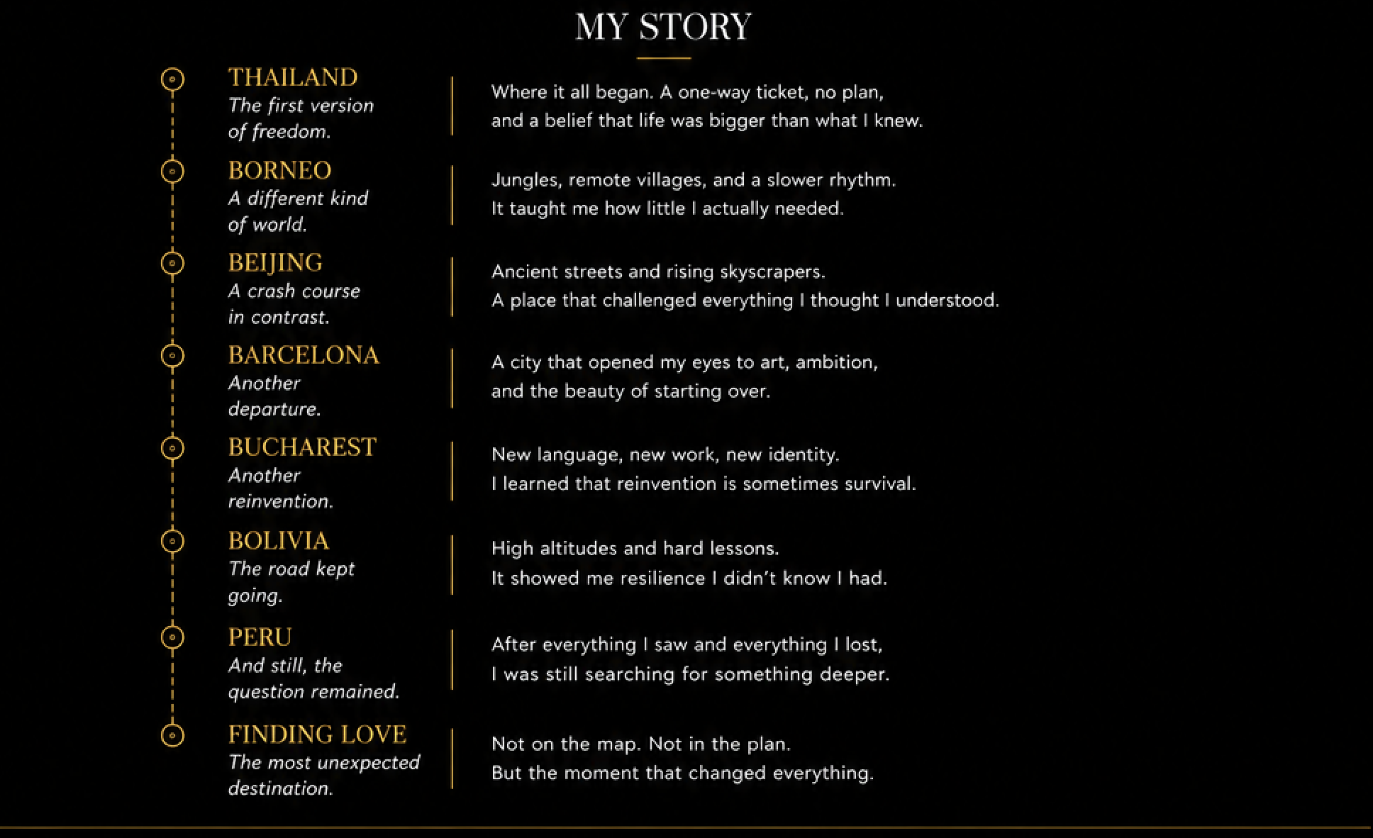 A black background page with gold and white text titled 'MY STORY' at the top. The page contains a vertical timeline on the left with locations listed, including Thailand, Borneo, Beijing, Barcelona, Bucharest, Bolivia, and Peru. Each location has a brief description in italics. To the right of the timeline is a narrative text about personal experiences and reflections, describing beginnings in Thailand, exploration in Borneo, impressions of Beijing, and emotional journeys through various places.