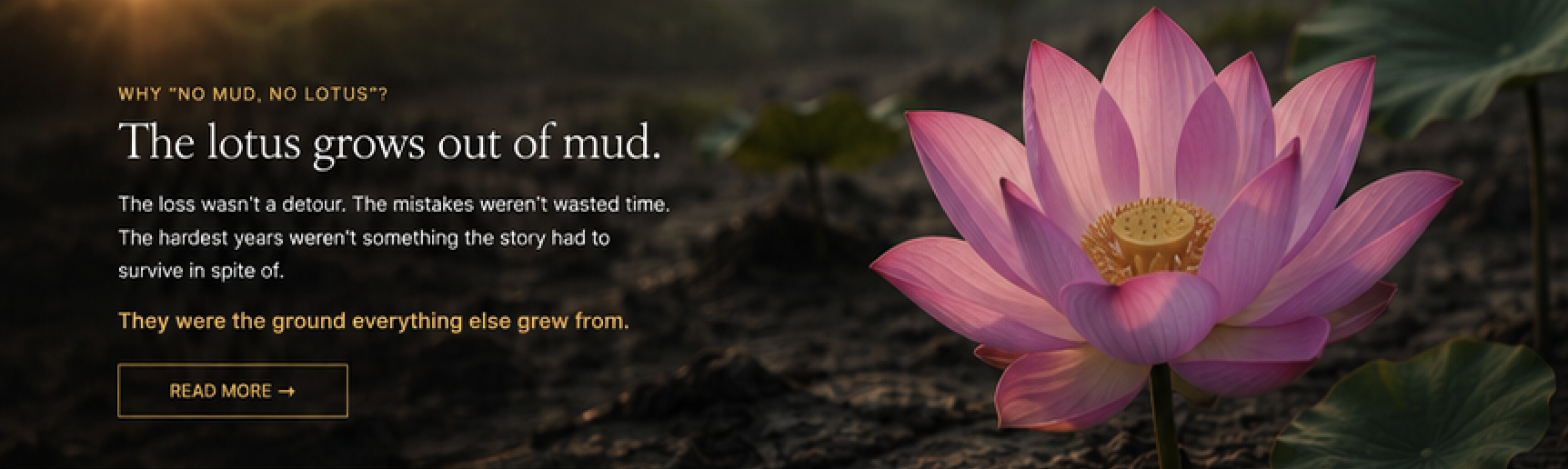 Close-up of a pink lotus flower blooming on a muddy ground with dark soil and green leaves in the background.