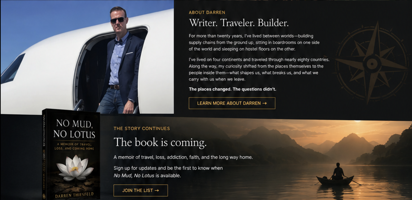 A website featuring author Darren Thiesfeld's biography and upcoming book. The page includes a photo of Darren standing next to a private jet, text about his travels, and a scenic image of a person rowing a boat on a river during sunset.
