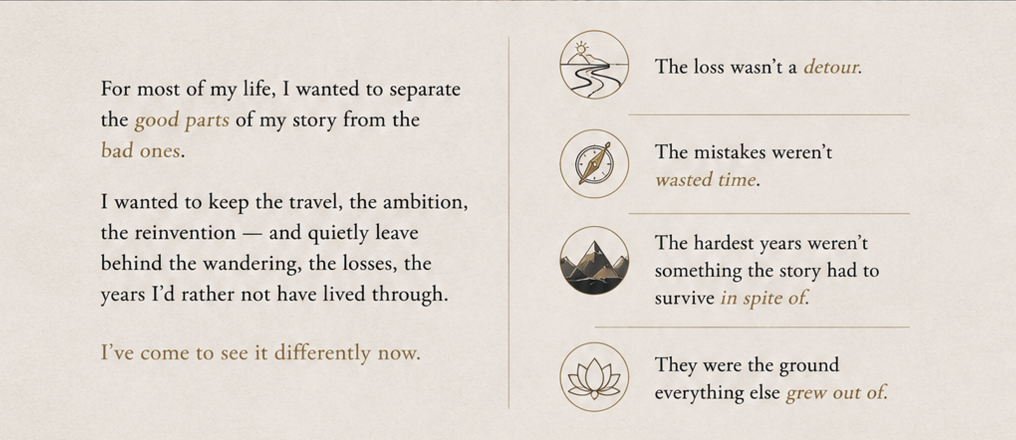 A split-page quote with three small circular icons beside each segment: the first icon depicts a mountain and a river, the second a compass, and the third a lotus flower. The quote discusses the perspective on life's losses, mistakes, and challenges.