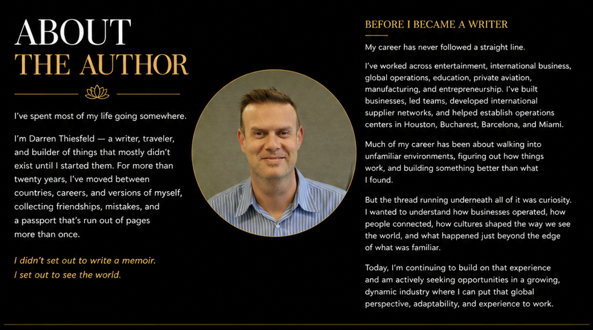 A personal biography webpage featuring a photo of Darren Thiesfeld, a man in a striped shirt, with a black background and yellow and white text describing his career as a writer and traveler.