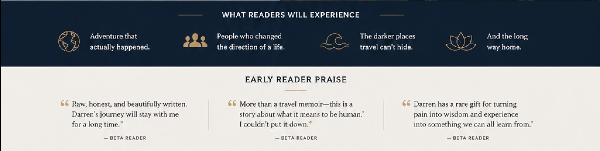 A webpage titled 'What Readers Will Experience' with icons and text describing adventure, life change, travel, and home. Below are three quotes praising a book with the name Darren, attributed to beta readers.