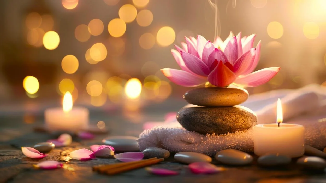 Spa scene with stacked stones, a pink lotus flower, candles, and flower petals.