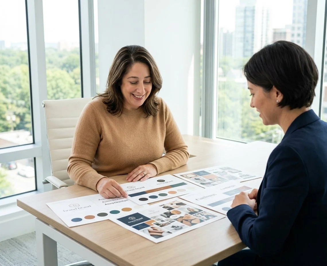 Two women sitting at a desk in a modern office, reviewing brochures and color samples.