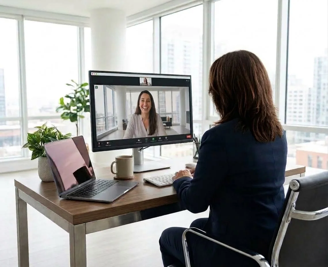 Woman sitting at a desk in a bright office, participating in a video call on her computer, with another woman smiling on the screen.