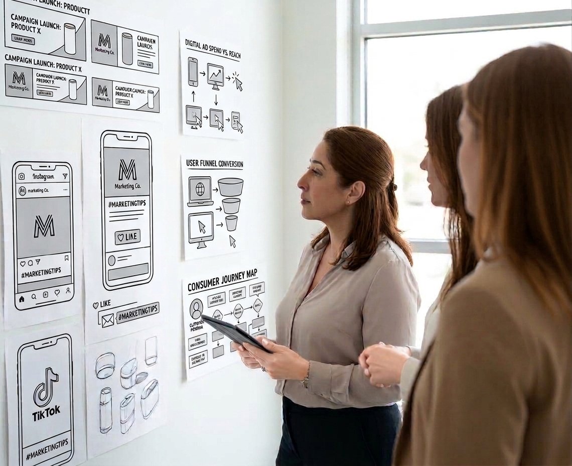 Three women discussing marketing strategy charts and diagrams on a whiteboard in a modern office with a large window.