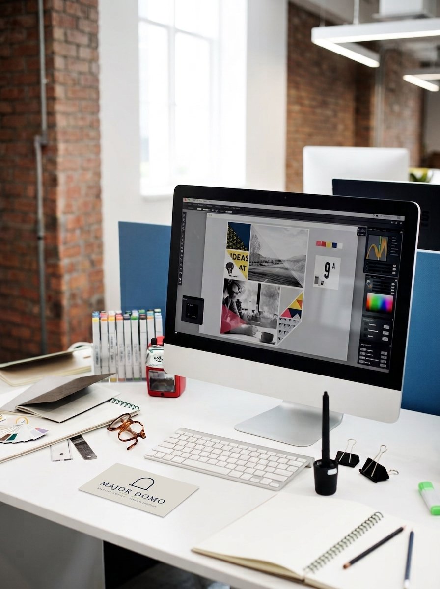 Office workspace with an iMac displaying a graphic design project, surrounded by markers, notebooks, glasses, and office supplies in a modern, industrial-style office with brick walls and large windows.