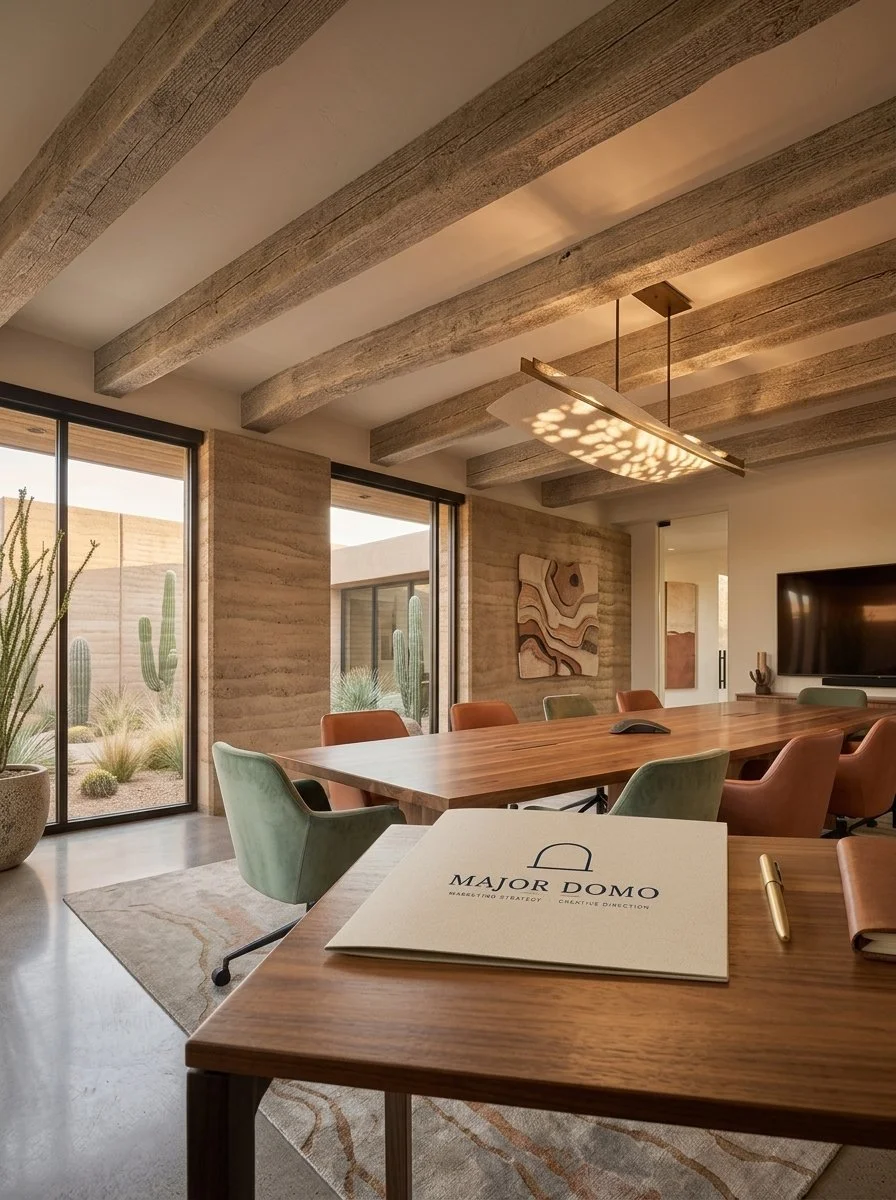Modern conference room with wooden beams on the ceiling, large windows showing desert landscape with cacti, a wooden table surrounded by colorful chairs, a large flat-screen TV on the wall, and designer wall art.