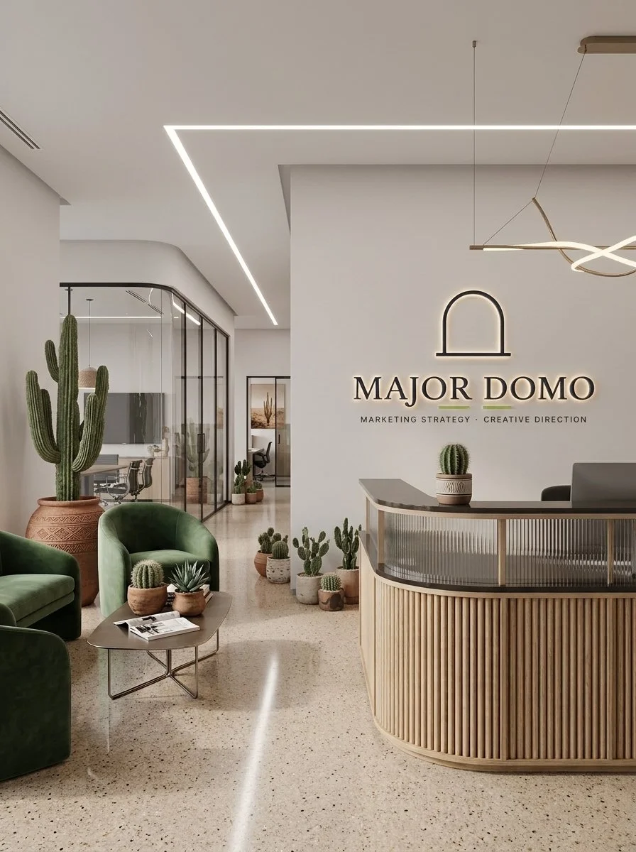 Modern office reception area with green velvet chairs, a small coffee table with succulent plants, and numerous potted cacti. The wall features a sign that reads 'Major Domo Marketing Strategy Creative Direction' with a minimalist logo. There are glass partitions and a sleek ceiling with embedded linear lighting.