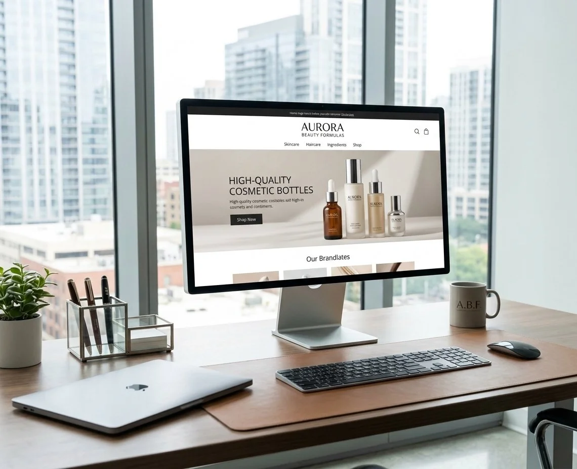 An organized office desk with a computer displaying a beauty product website, a closed MacBook, a pen holder with pens, a cup with initials, a wireless mouse, and a small potted plant in front of large windows showing a cityscape.