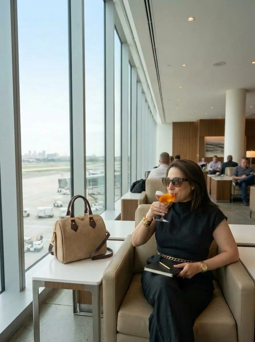 A woman wearing sunglasses and a black dress sits in an airport lounge, drinking a cocktail. She has a beige handbag on a side table and is holding a notebook with a pen. Large windows show an airport tarmac and airplanes outside.