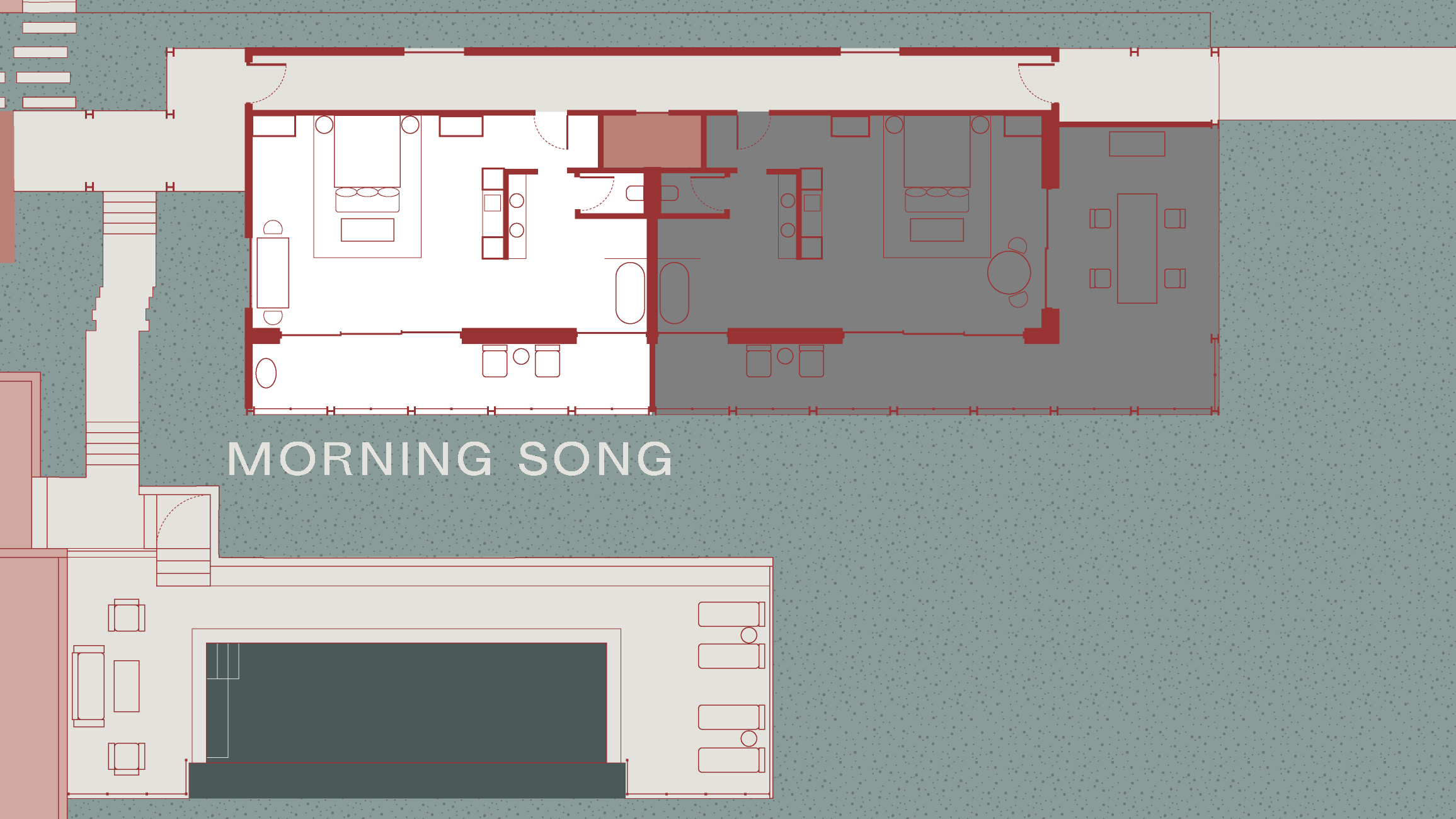 Floor plan of a house with rooms, furniture, and outdoor areas labeled, including a large outdoor space with the words 'Morning Song' written on the ground.
