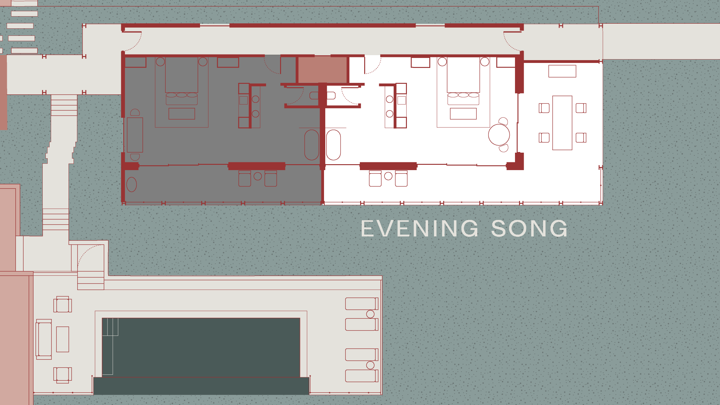 Floor plan of a building with rooms, furniture, and outdoor areas, labeled 'Evening Song'.