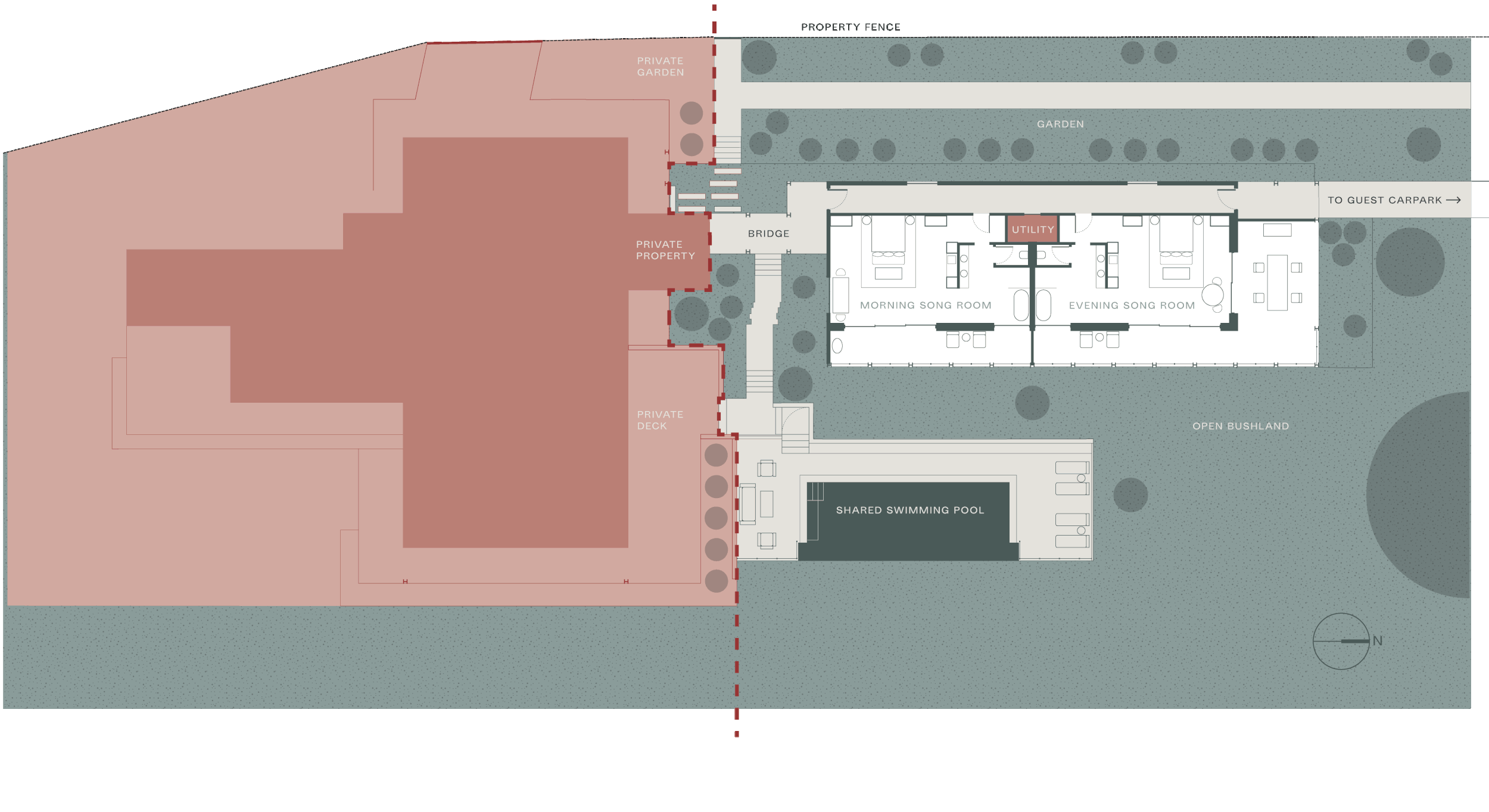 A detailed architectural site plan showing various outdoor and indoor areas including a private garden, private property, a bridge, a utility room, morning and evening song rooms, an open bushland area, a shared swimming pool, and a property fence surrounding the private spaces.