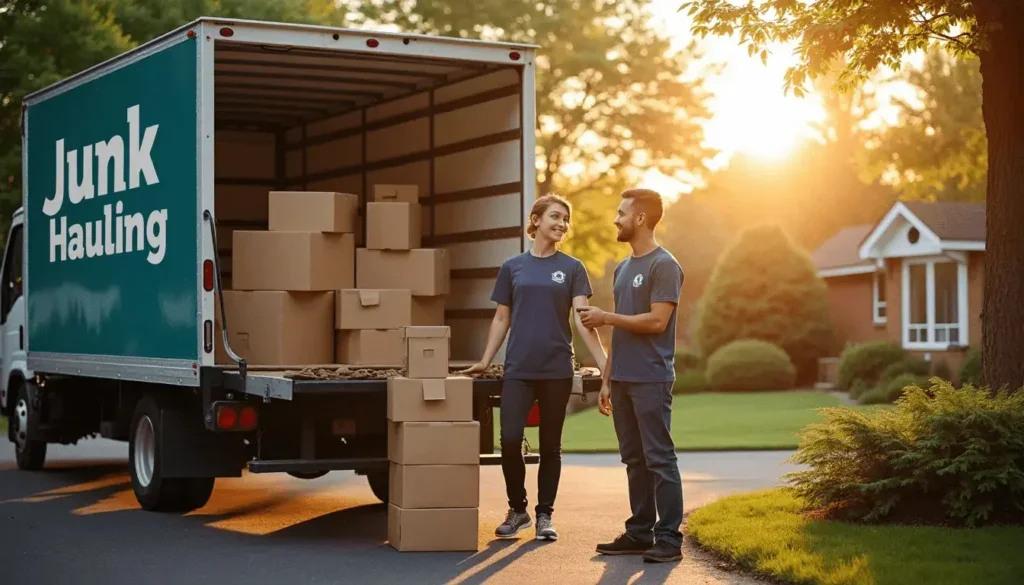 Two people in matching blue shirts standing outside near a moving truck labeled "Junk Hauling." The truck's back is open, showing stacked cardboard boxes. The sun is setting in the background near a suburban house with green lawns and trees.