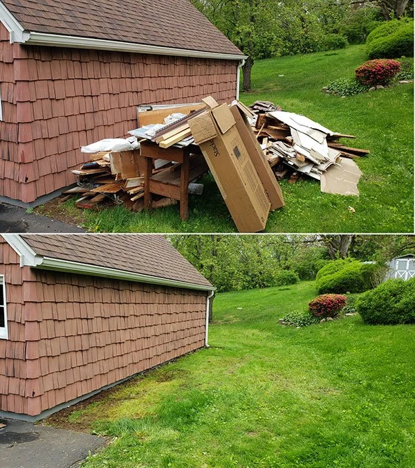 Before and after images of a small area beside a house, showing a pile of flattened cardboard boxes and debris in the first image, and a clean, well-maintained grassy area in the second.