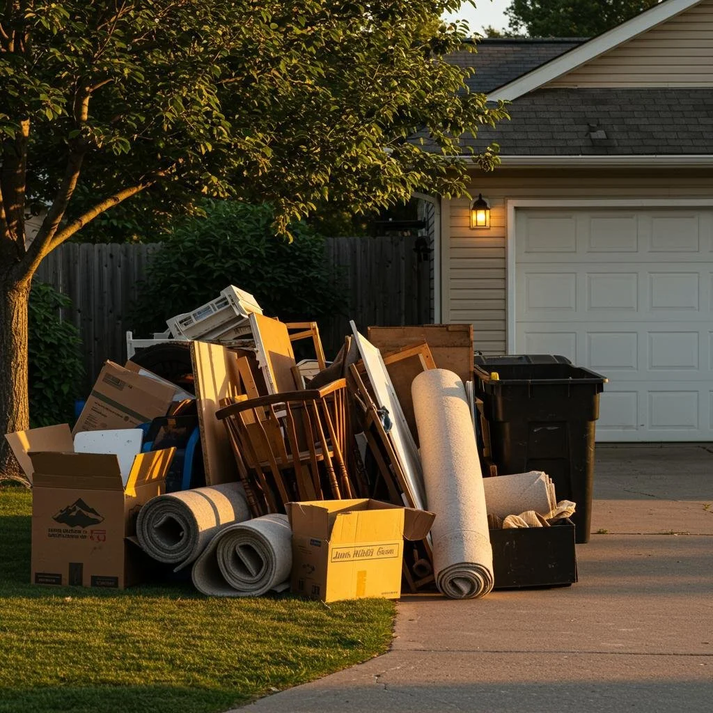 A large pile of household items, including furniture, boxes, and rolled carpets, stacked on the front lawn of a house during sunset, with a tree on the left and a garage door with a lit exterior light on the right.