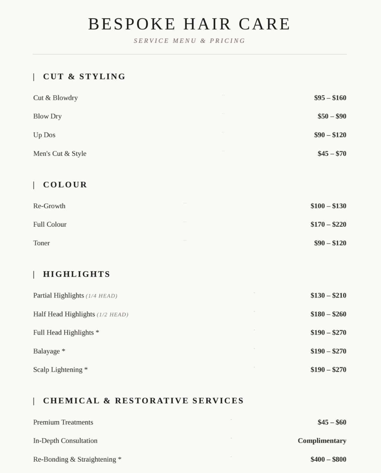 A service menu for Bespoke Hair Care listing various hair treatments with prices, including cut and styling, color, highlights, and chemical and restorative services.