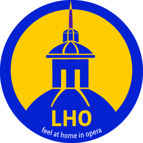 Logo with a yellow background, blue border, and a blue dome structure in the center, with the letters 'LHO' beneath and the words 'feel at home in opera' at the bottom.