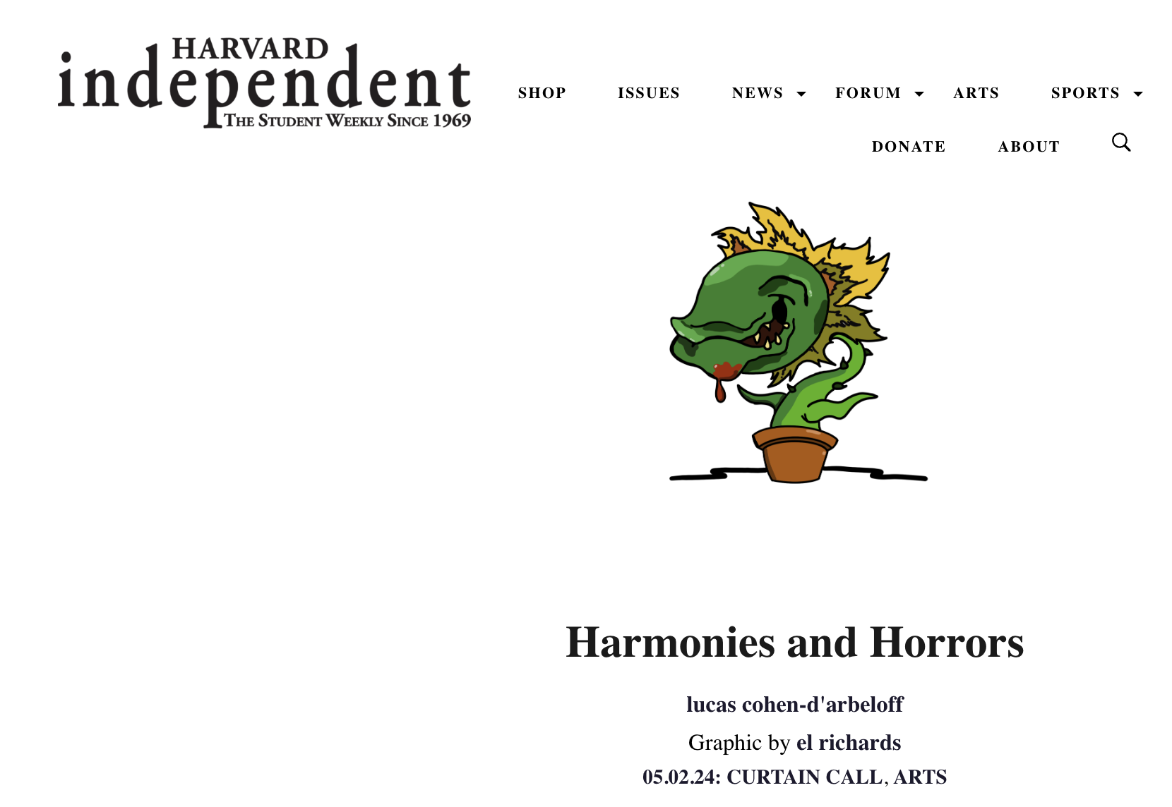 The webpage is titled "Harmonies and Horrors" with a graphic of a cartoon potted plant resembling a face with a large, green, droopy nose and a leaf with a face, dripping with brown liquid.