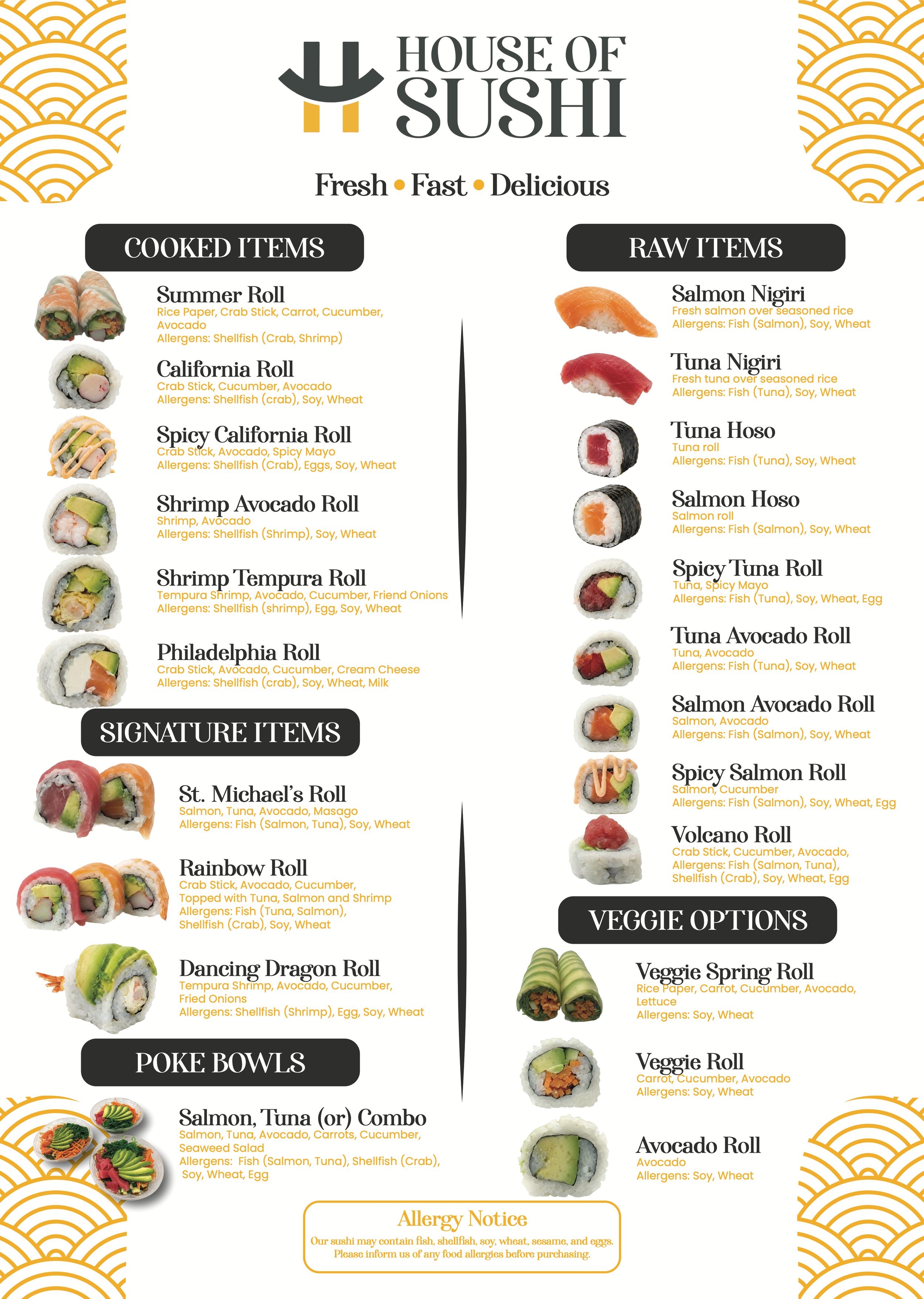 A sushi restaurant menu divided into sections for cooked items, raw items, signature items, veggie options, and poke bowls. It features images and descriptions of various sushi rolls, with an emphasis on fresh, fast, and delicious options.