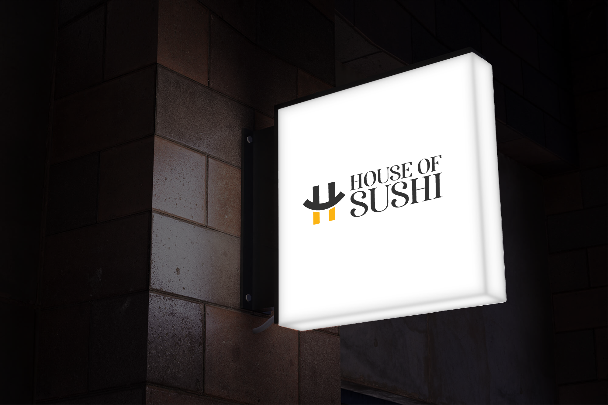 Illuminated sign for a restaurant named 'House of Sushi' mounted on a dark brick wall.