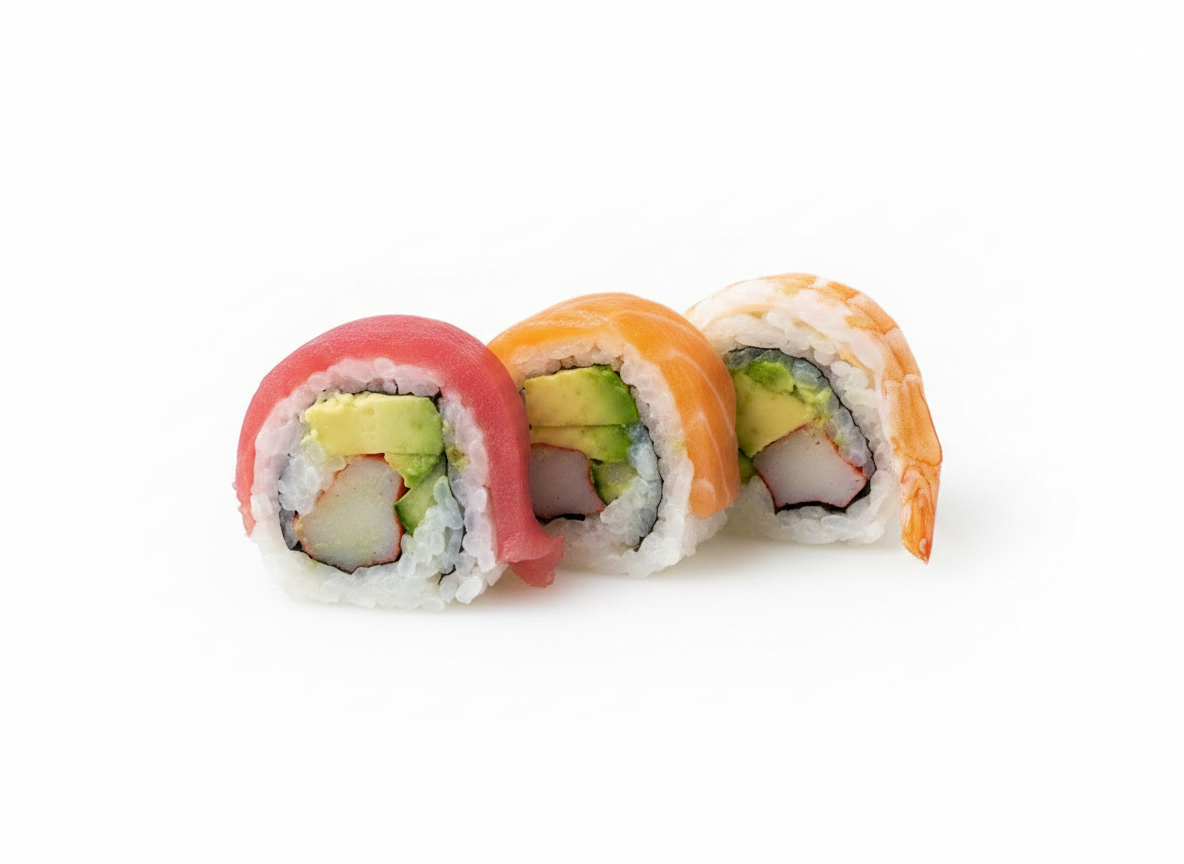 Three pieces of sushi roll with different colored fish sashimi on top, filled with avocado, crab, and sushi rice, on a white background.