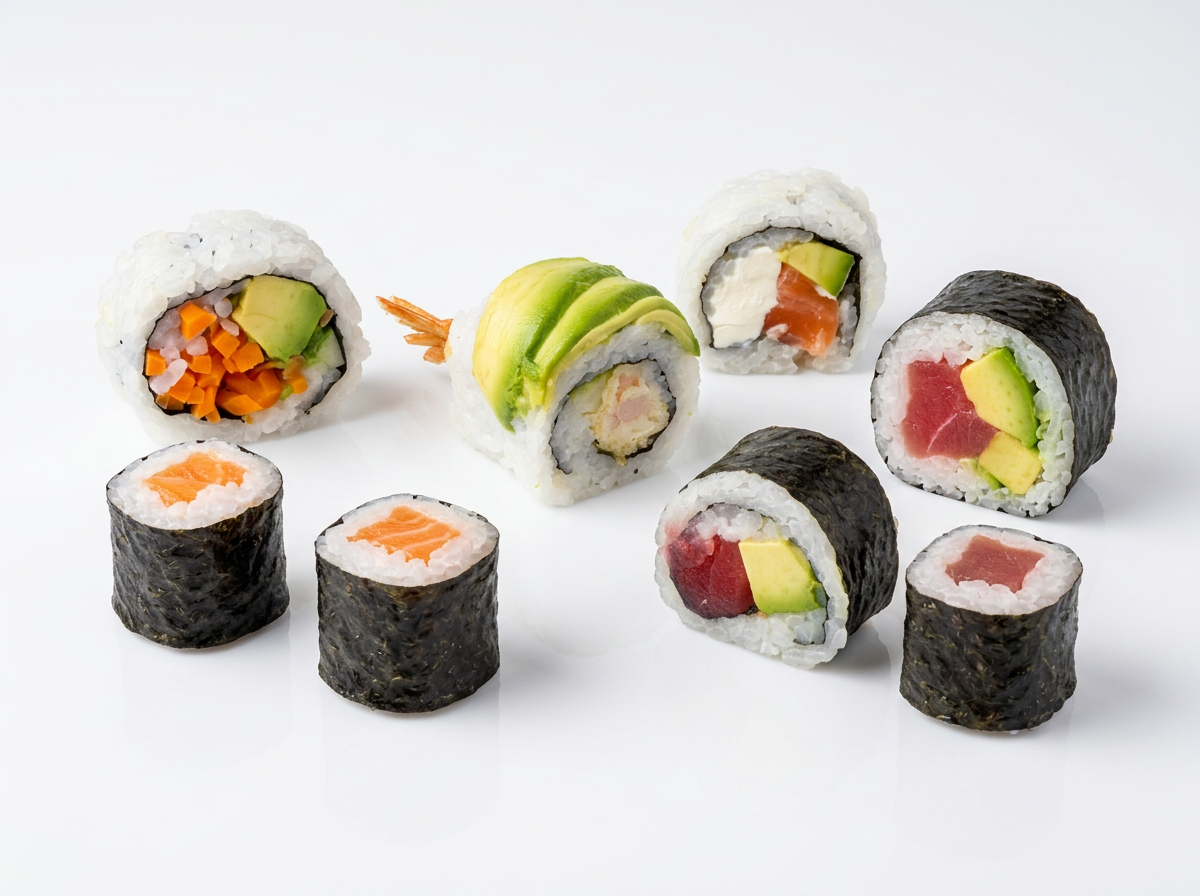 Assorted sushi rolls on a white surface, including salmon, tuna, and vegetable-filled rolls.