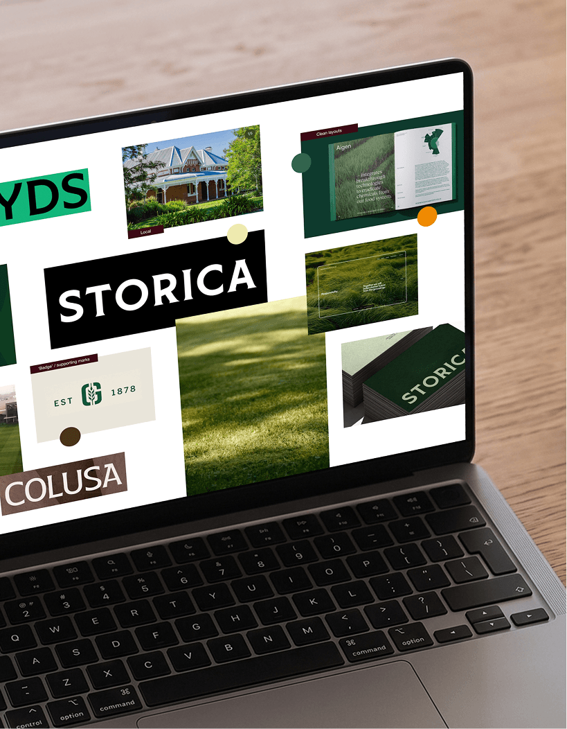 Laptop displaying a collage of images and text related to the word 'STORICA' and its branding, including a house, grassy fields, and printed materials on a wooden surface.