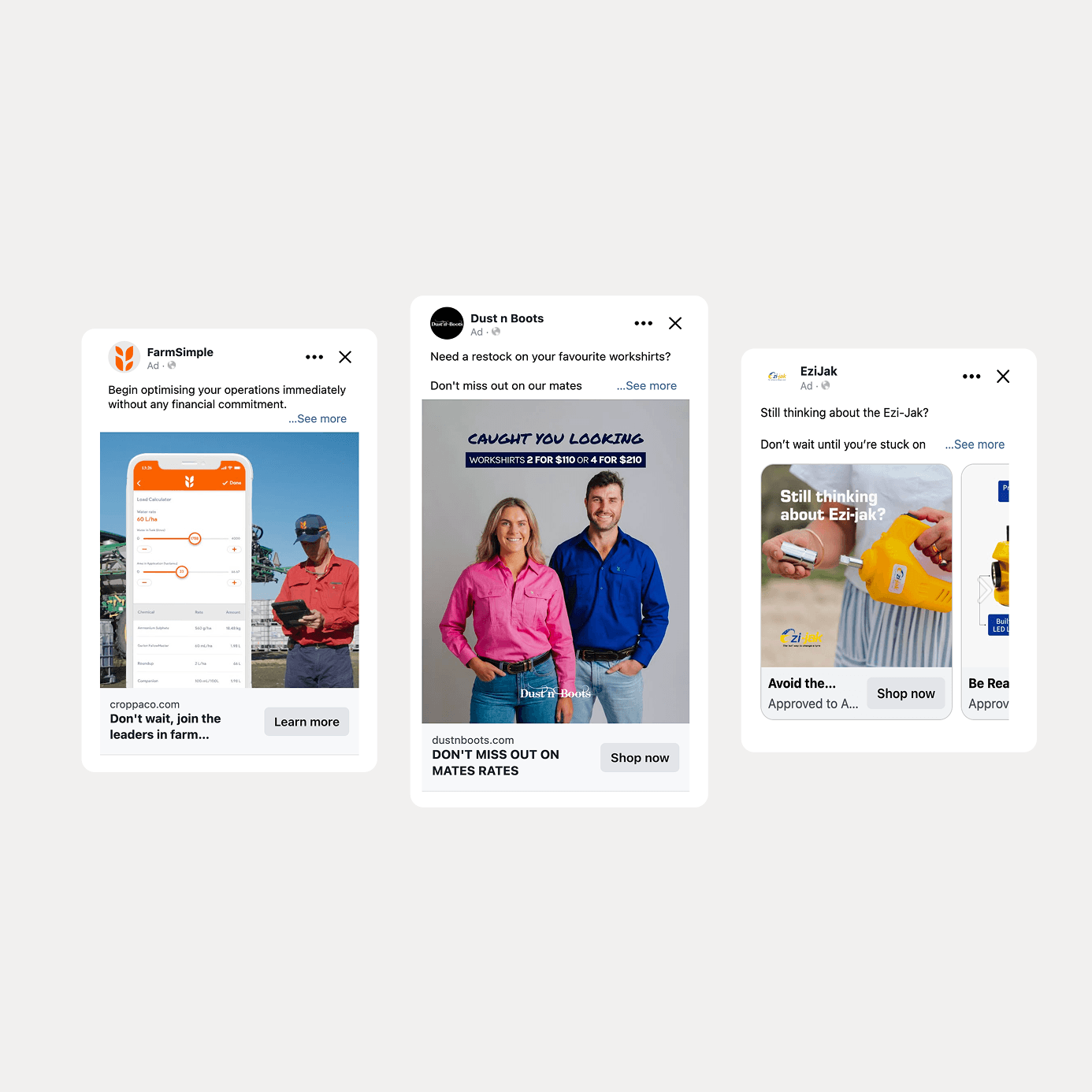 Three Facebook ads promoting agricultural and hardware products, featuring women and men in casual and work attire, with product images and slogans.