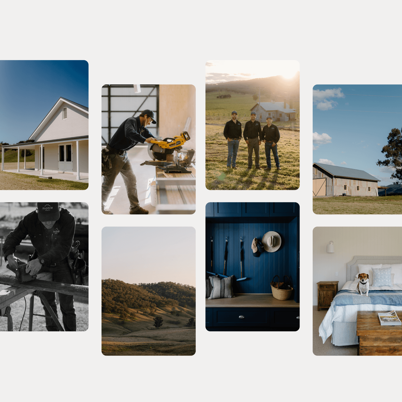 Collage of images depicting rural and farm life: a modern house exterior, a person working with a circular saw, three men standing in a field at sunset, a barn, a person measuring wood, rural landscape, blue entryway with hats and bags, and a dog on a bed.