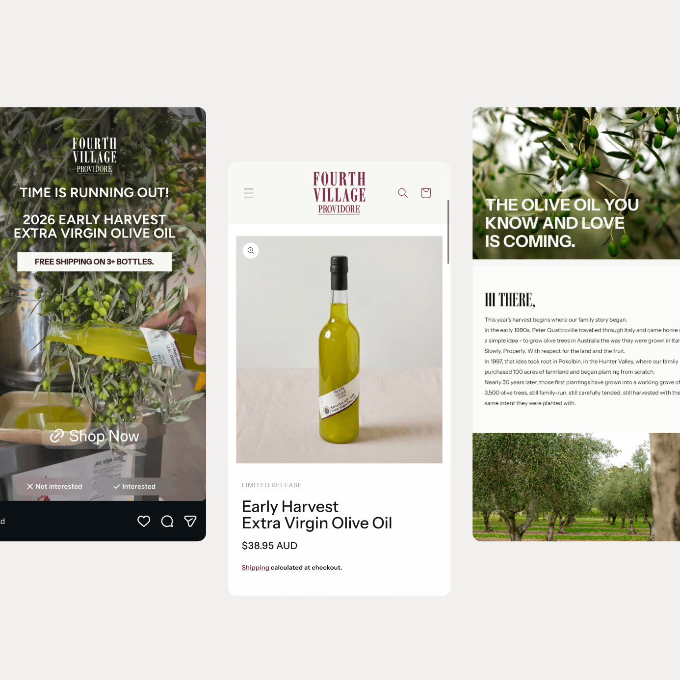 Three overlapping webpage screenshots showcasing olive oil products and planting. The first promotes early harvest extra virgin olive oil with a 'Shop Now' button, the second displays a bottle of olive oil with pricing, and the third features olive trees with informational text.