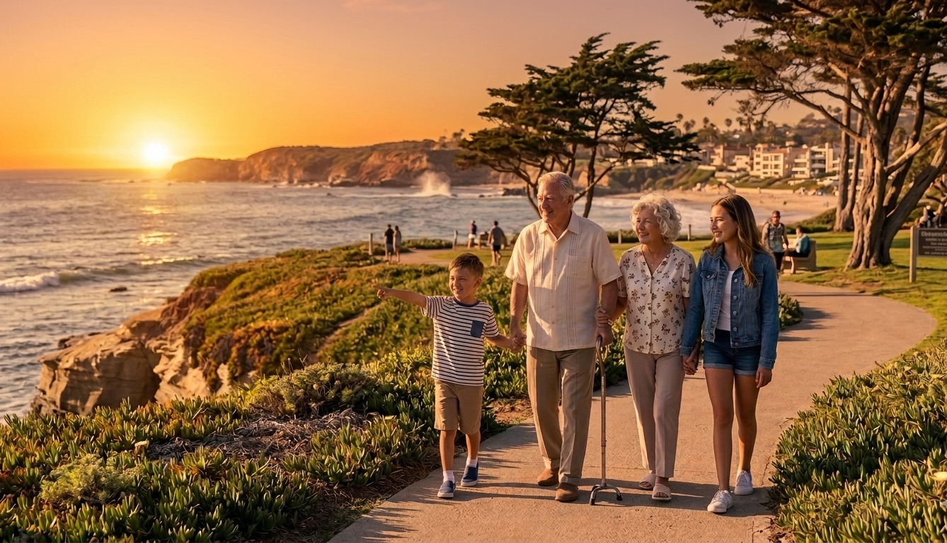 A family walking along a coastal path at sunset, with ocean waves and cliffs in the background, including a boy pointing towards the horizon.
