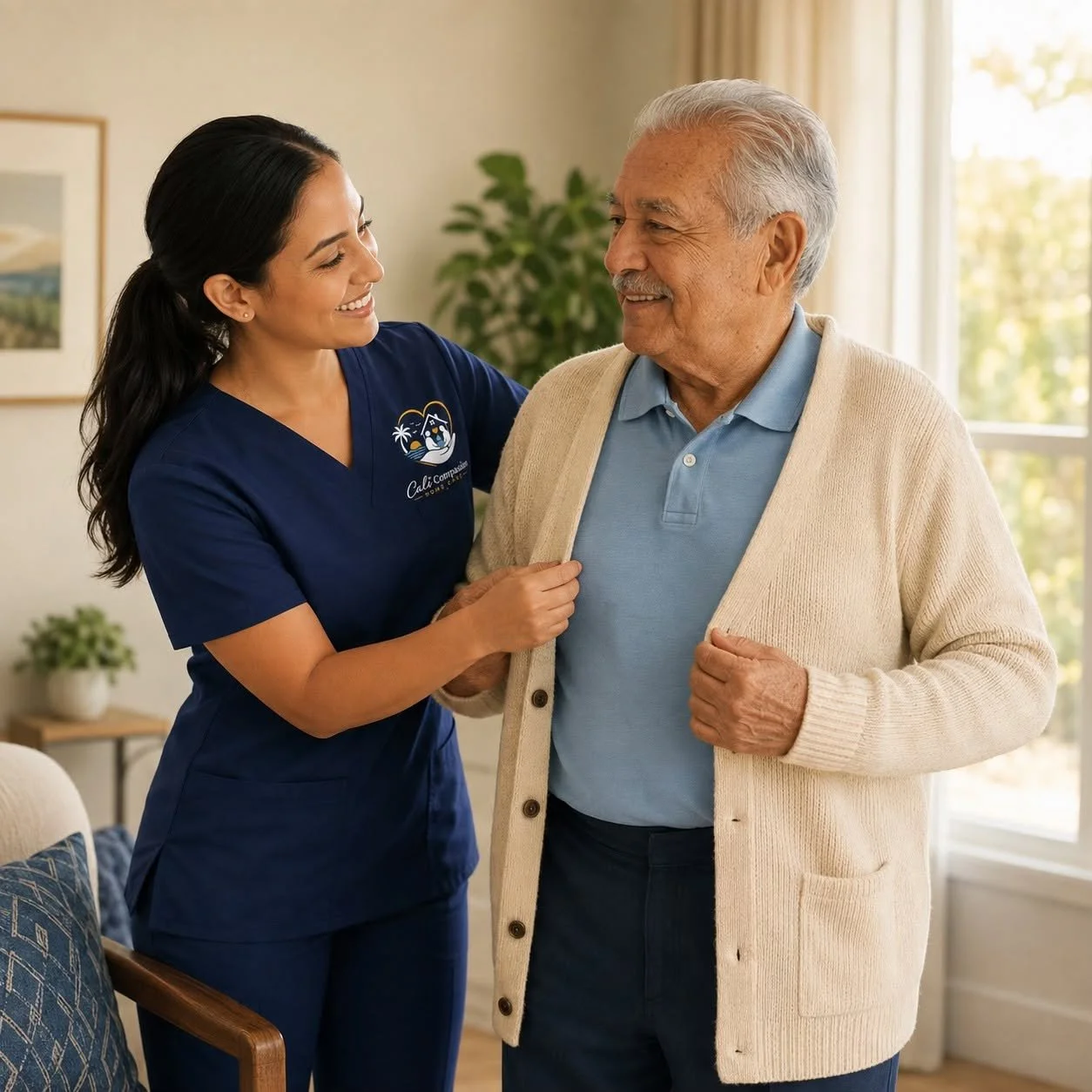 A caregiver in navy scrubs helping an elderly man in a beige cardigan smile at each other in a living room with natural light.