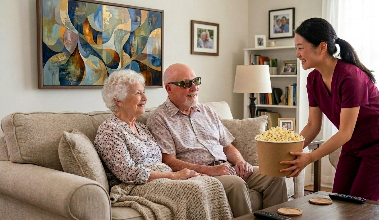 A nurse or caregiver hands a bowl of popcorn to an elderly couple sitting on a beige couch in a living room. The elderly woman and man are smiling and looking at the caregiver, who is wearing maroon scrubs. The room has framed pictures, a bookshelf, and a large abstract painting on the wall.