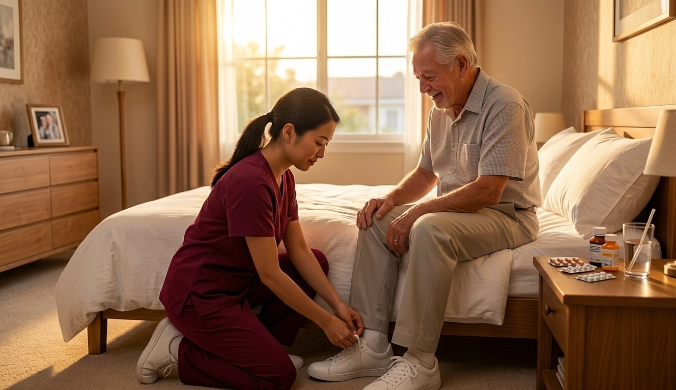 A caregiver helping an elderly man put on white sneakers in a sunlit bedroom.