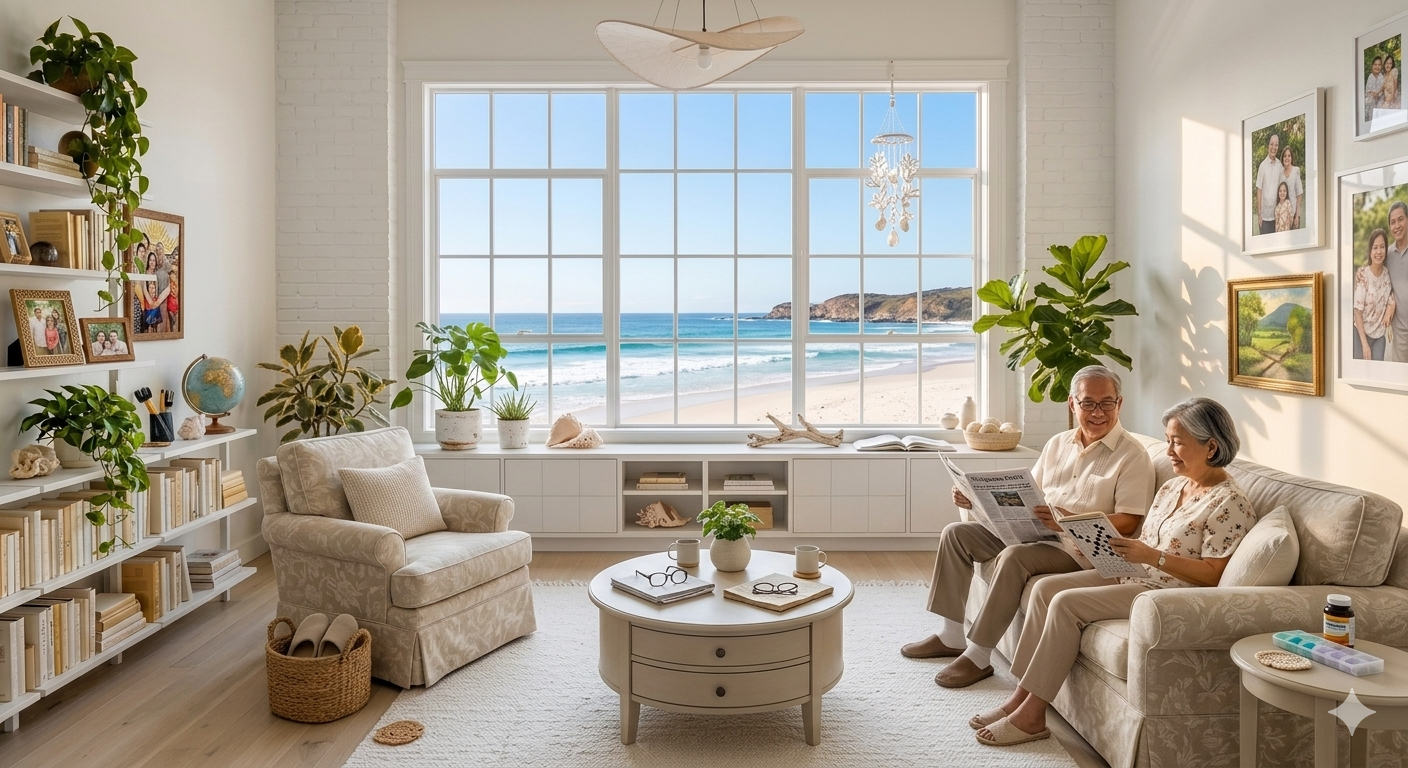 A bright living room with large window overlooking a beach, two elderly people sitting on a sofa, reading newspapers and smiling.