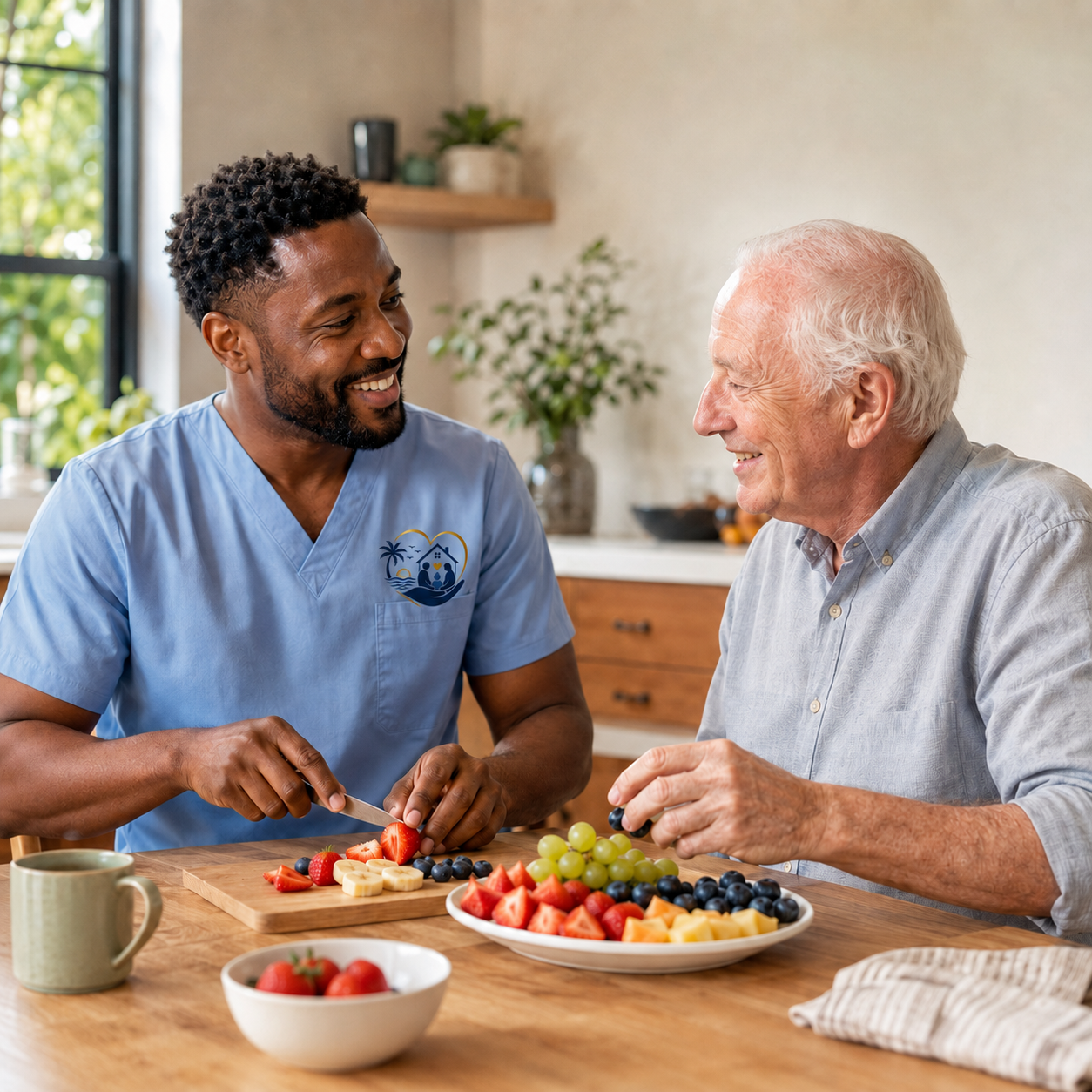 A healthcare worker in blue scrubs and an elderly man share a moment of joy while preparing and chatting over fresh fruit in a cozy kitchen, with a window and plants in the background.
