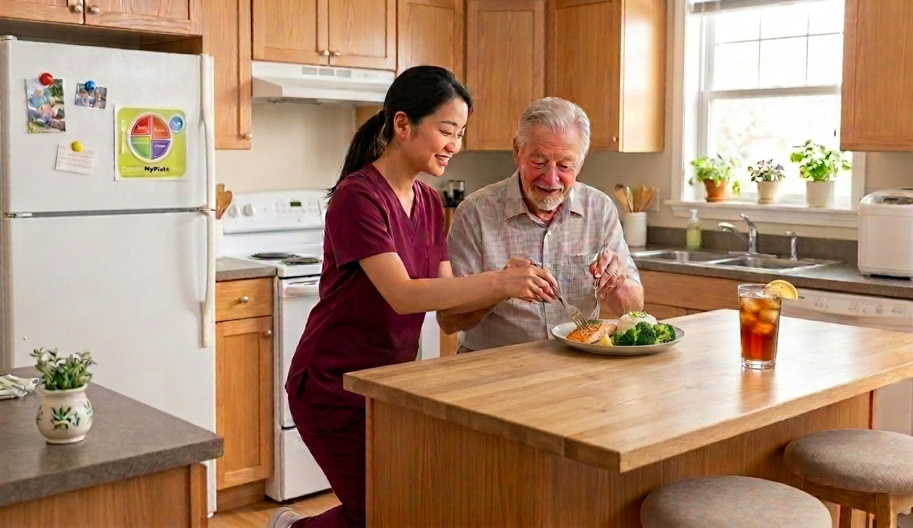 A young woman and an elderly man sharing a meal together in a bright, cozy kitchen with wooden cabinets, a window with sunlight, potted plants, and a plate of food including broccoli and what appears to be fish, sharing a happy moment.
