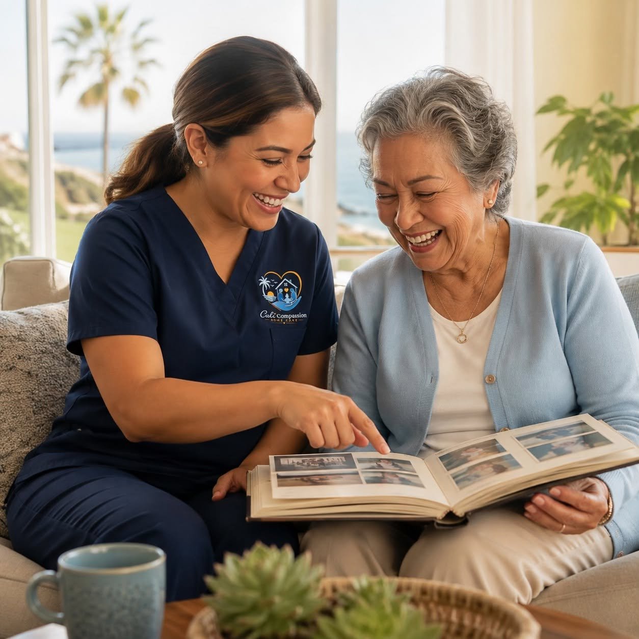 A smiling nurse showing photos to an elderly woman, both sitting on a couch in a sunlit room with a view of palm trees outside.