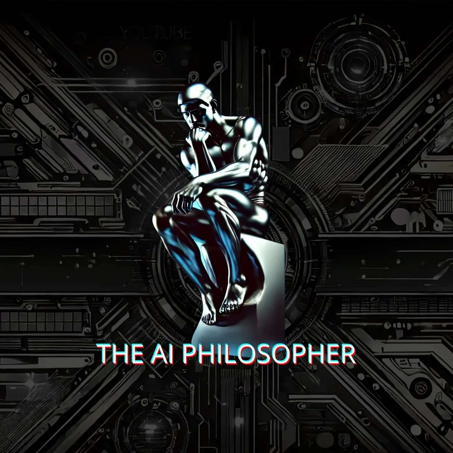 A digital illustration of a metallic, human-like figure seated on a pedestal, with circuitry and mechanical elements in the background. The figure is in a thoughtful pose, with one hand on its chin. The text 'THE AI PHILOSOPHER' is displayed at the bottom of the image in glowing, multicolored letters.