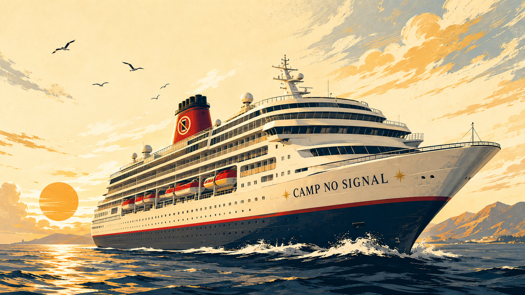 A cruise ship named 'Camp No Signal' sailing on the ocean during sunset, with mountains in the background and birds flying in the sky.