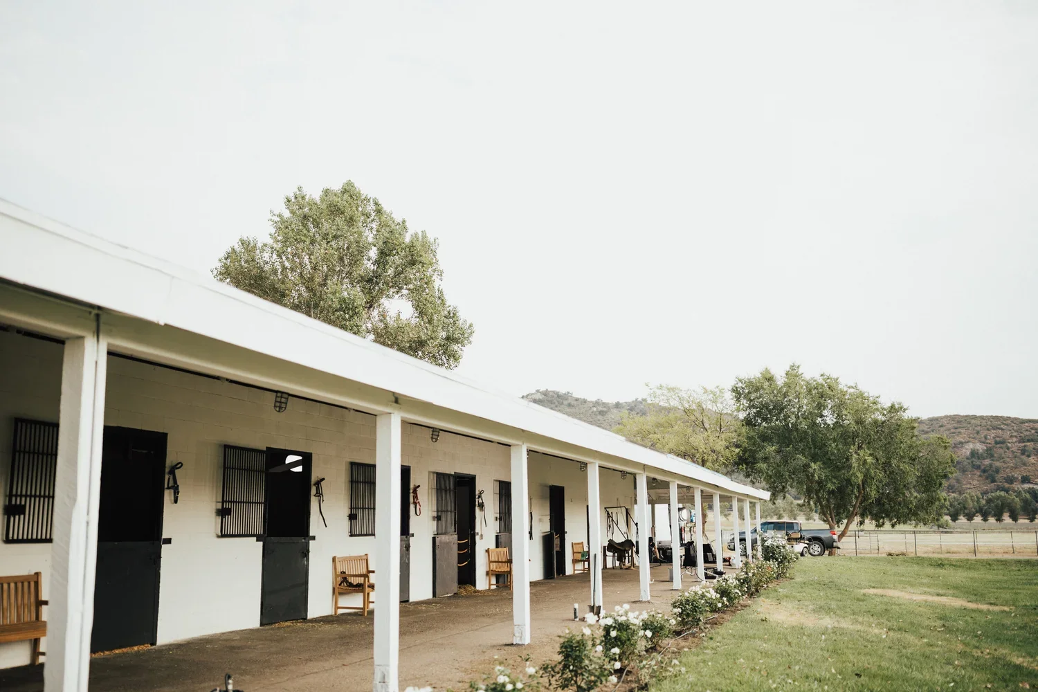 Exterior view of a stable with a long white building, several horse stalls, benches, and outdoor seating, surrounded by green grass and trees, with mountains in the background.