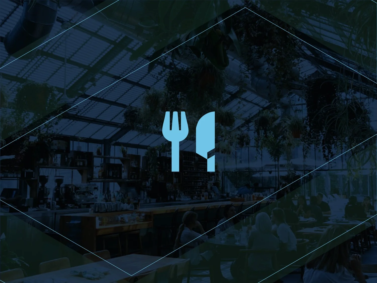 A restaurant interior with a glass roof and hanging plants, featuring tables and people dining. A blue fork and knife icon is superimposed on the image.